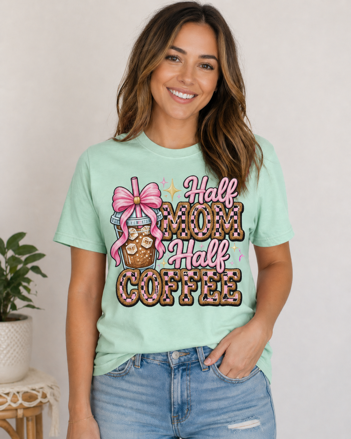 Half Mom Half Coffee Shirt, Cute Iced Coffee Mom Graphic Tee, Coquette Coffee Lover T-Shirt