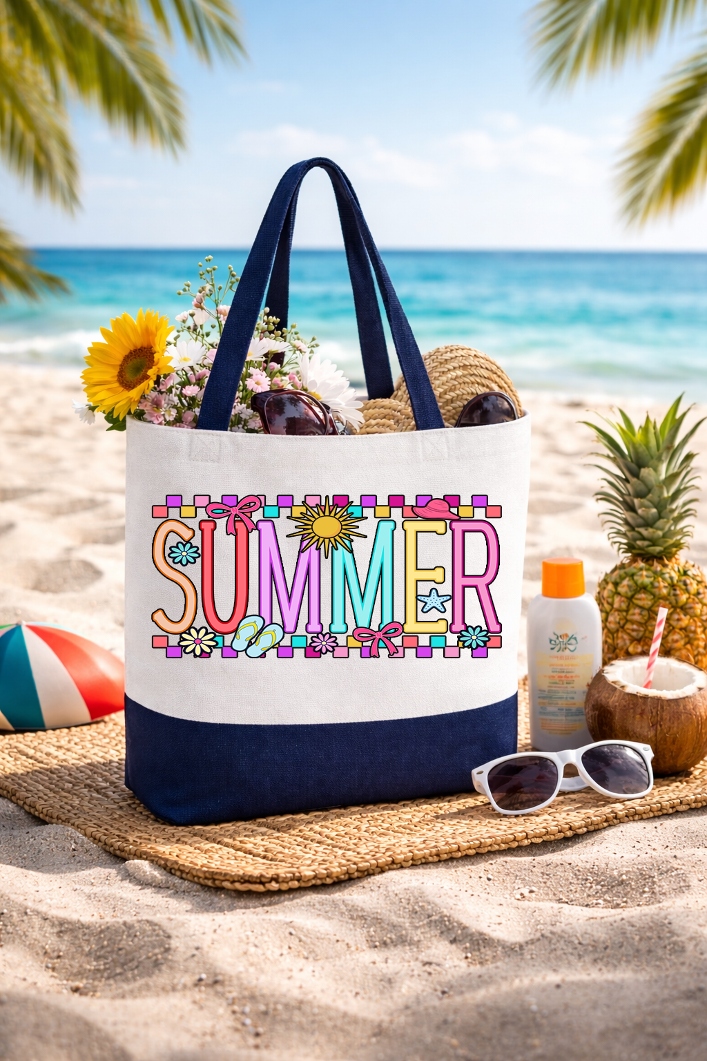 Summer Coquette Box Tote Bag | Preppy Canvas Beach Tote with Straps | Printed on Both Sides