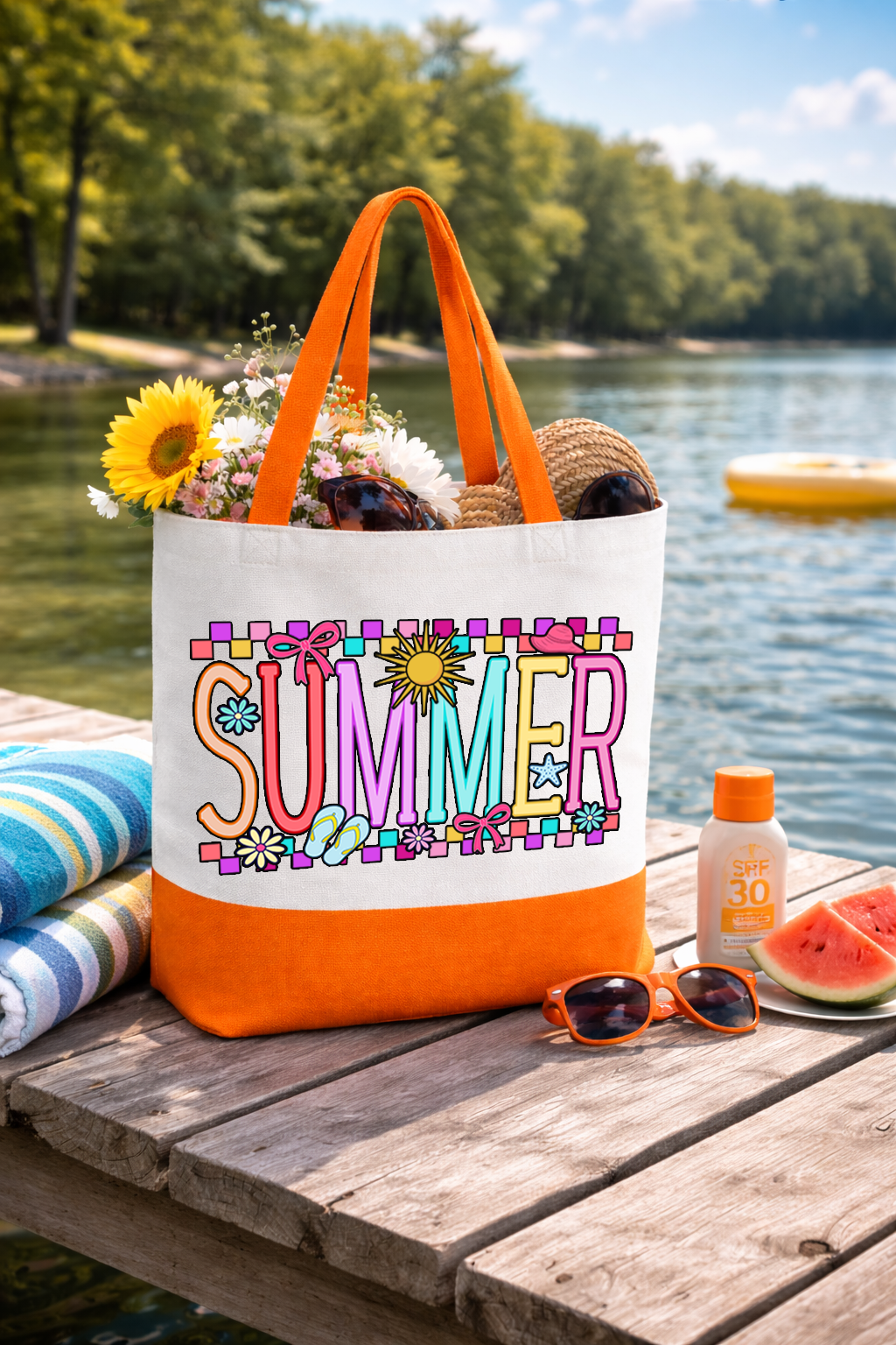 Summer Coquette Box Tote Bag | Preppy Canvas Beach Tote with Straps | Printed on Both Sides