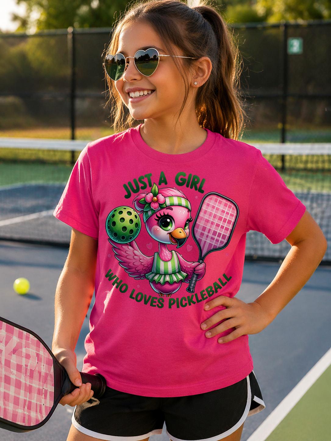 Just a Girl Who Loves Pickleball Youth Shirt, Carolina Blue Flamingo Pickleball Tee, Girls Pickleball Graphic Shirt