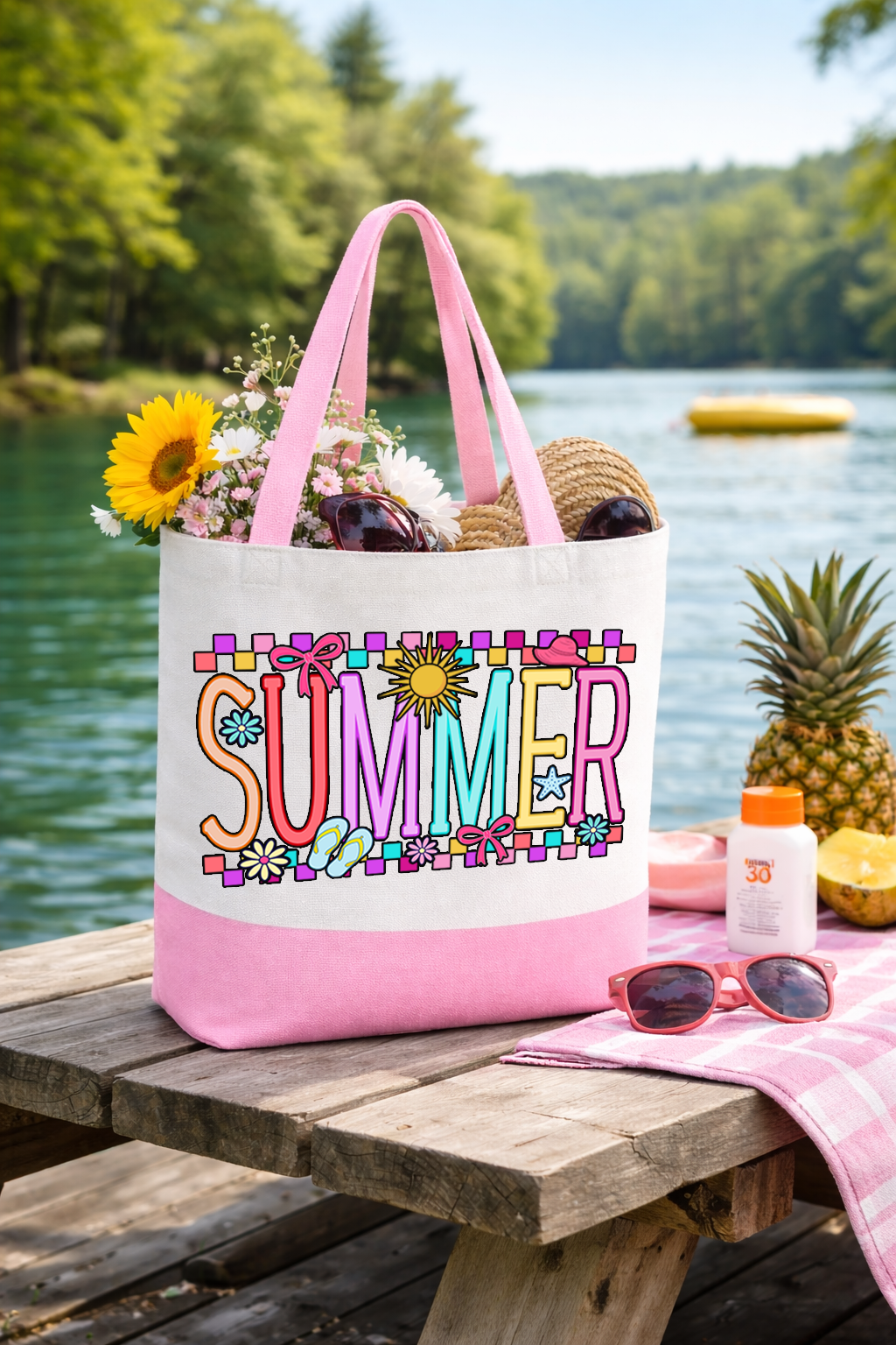 Summer Coquette Box Tote Bag | Preppy Canvas Beach Tote with Straps | Printed on Both Sides