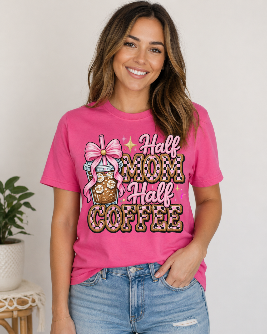 Half Mom Half Coffee Shirt, Cute Iced Coffee Mom Graphic Tee, Coquette Coffee Lover T-Shirt