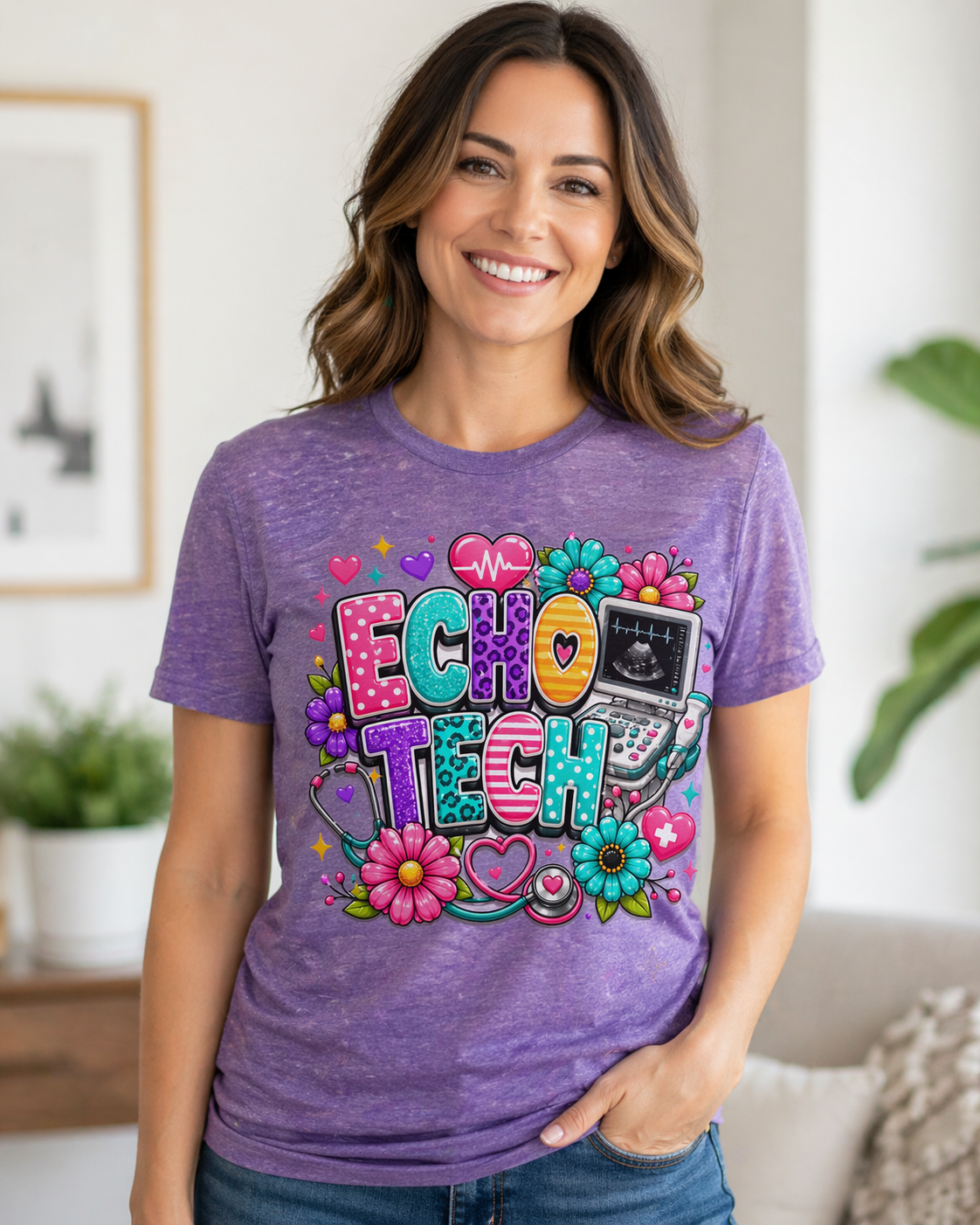Echo Tech Shirt, Bright Floral Ultrasound Tech Tee, Cute Nurse Graphic Tee, Nurse Appreciation Gift, DTF Printed