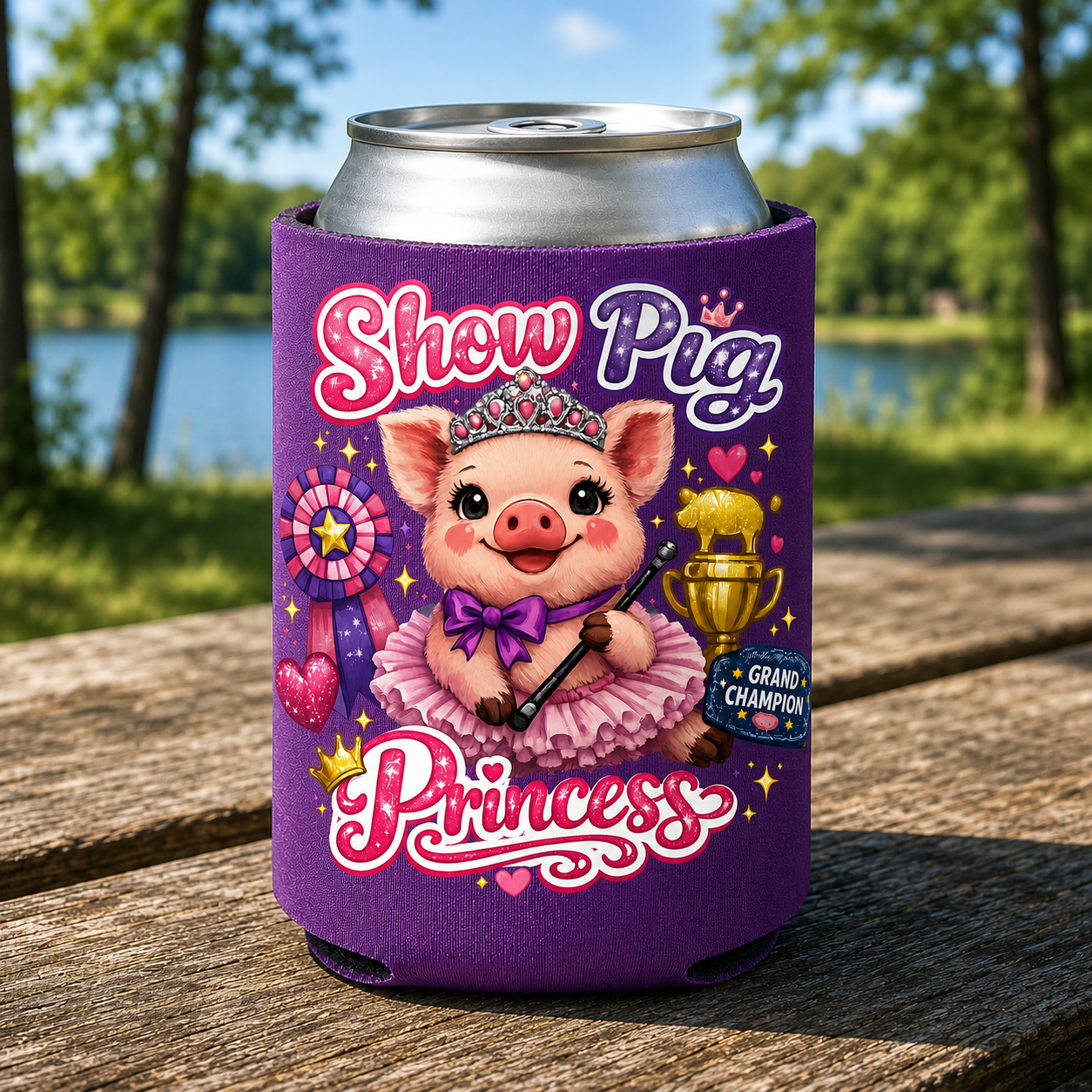 Show Pig Princess Can Koozie – Youth Livestock Show Drink Cooler – DTF Printed