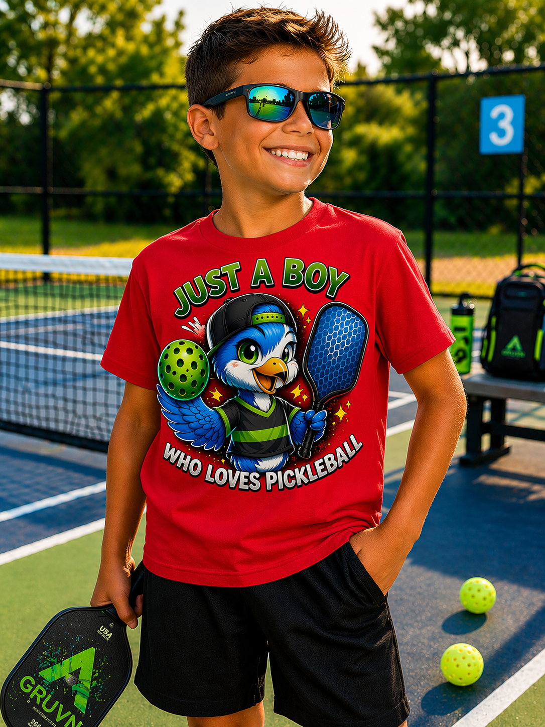 Just a Boy Who Loves Pickleball Youth Shirt, Blue and White Eagle Pickleball Tee, Boys Pickleball Graphic Shirt
