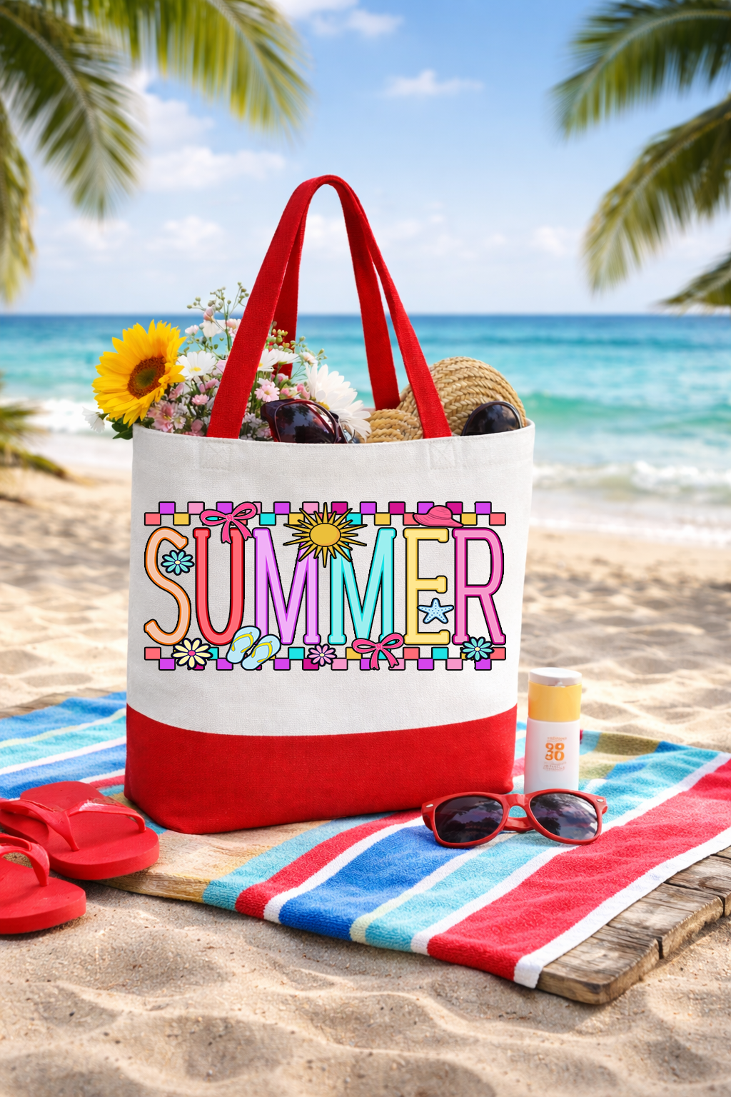 Summer Coquette Box Tote Bag | Preppy Canvas Beach Tote with Straps | Printed on Both Sides