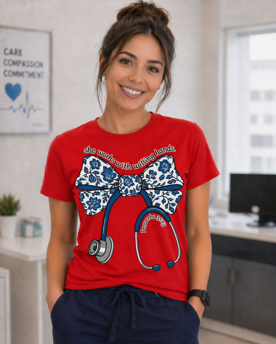She Works With Willing Hands, Cute Nurse Graphic Tee, Nurse Appreciation Gift, DTF Printed (Copy)