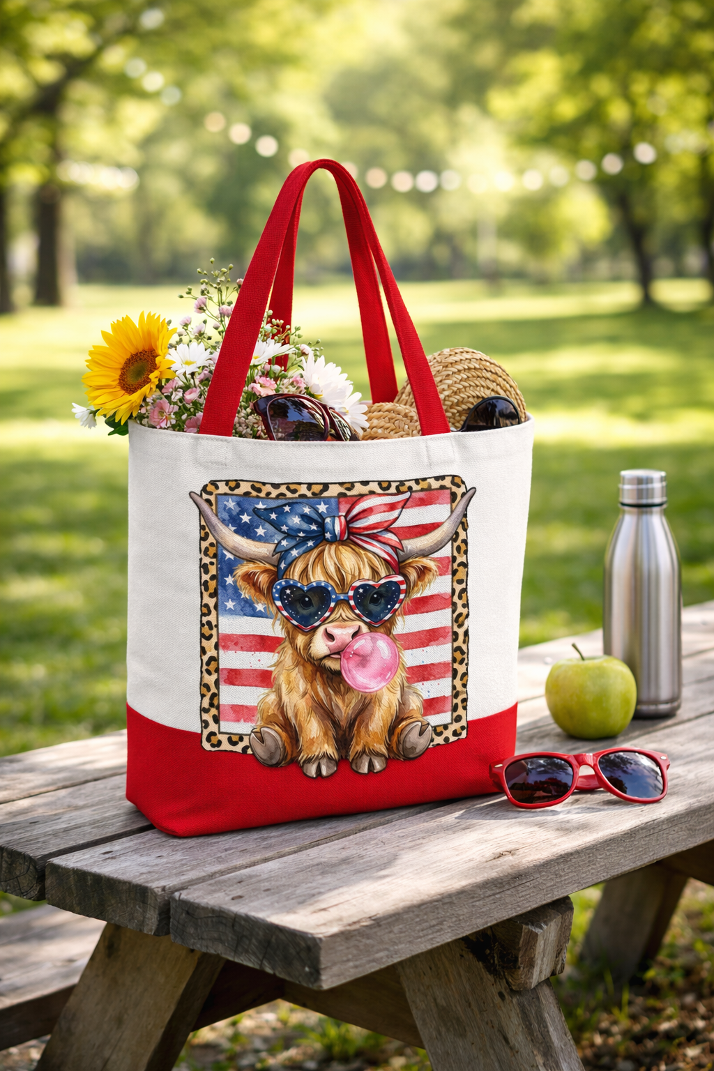 Patriotic Highland Cow Canvas Tote Bag, 15x13 100% Cotton Tote, Western USA Farmhouse Market Bag