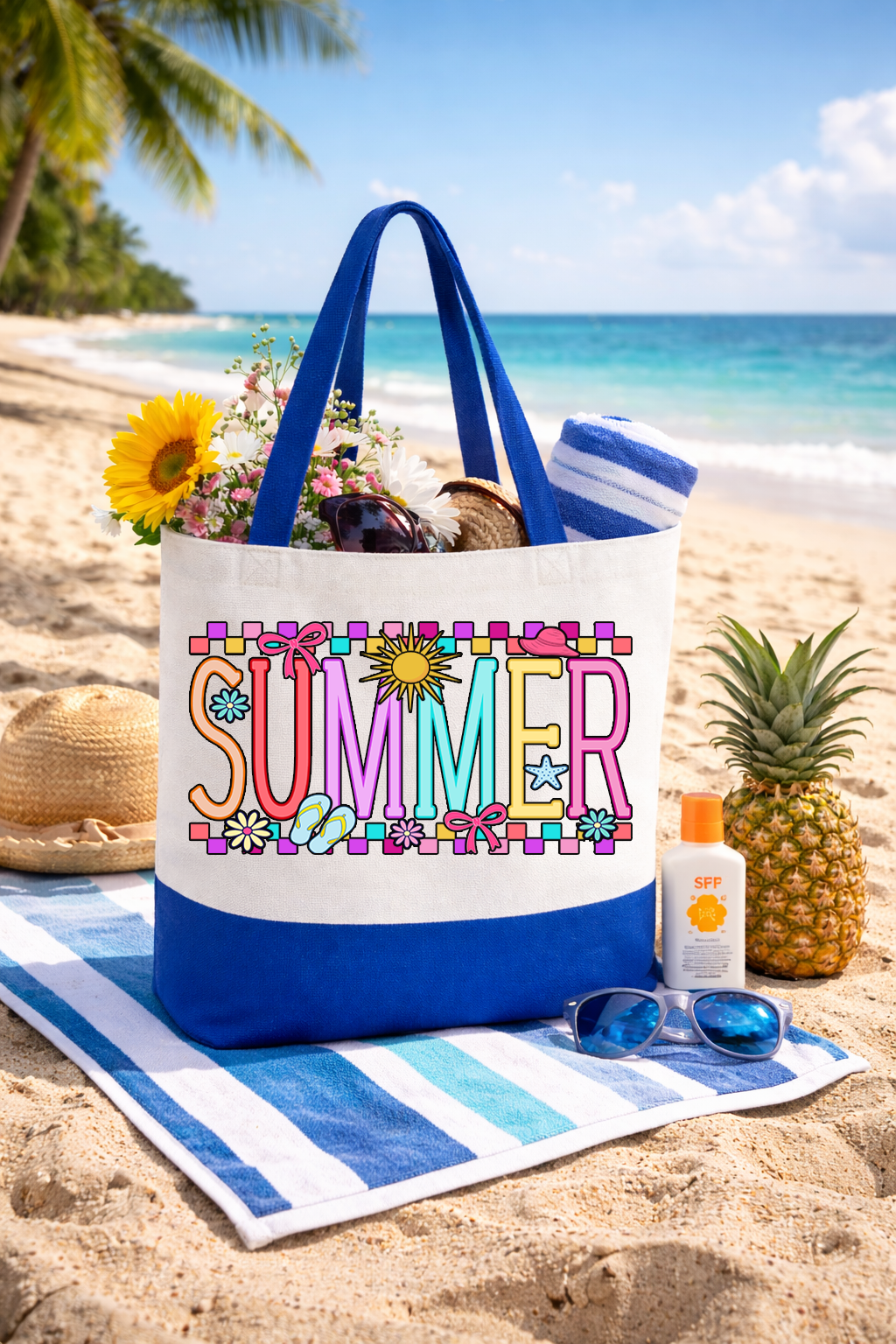 Summer Coquette Box Tote Bag | Preppy Canvas Beach Tote with Straps | Printed on Both Sides
