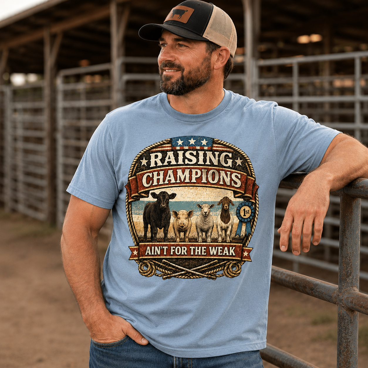 Raising Champions Ain’t for the Weak Vintage Livestock Show Dad Shirt - DTF Printed - Show Goats, Lambs, Steers, and Pigs