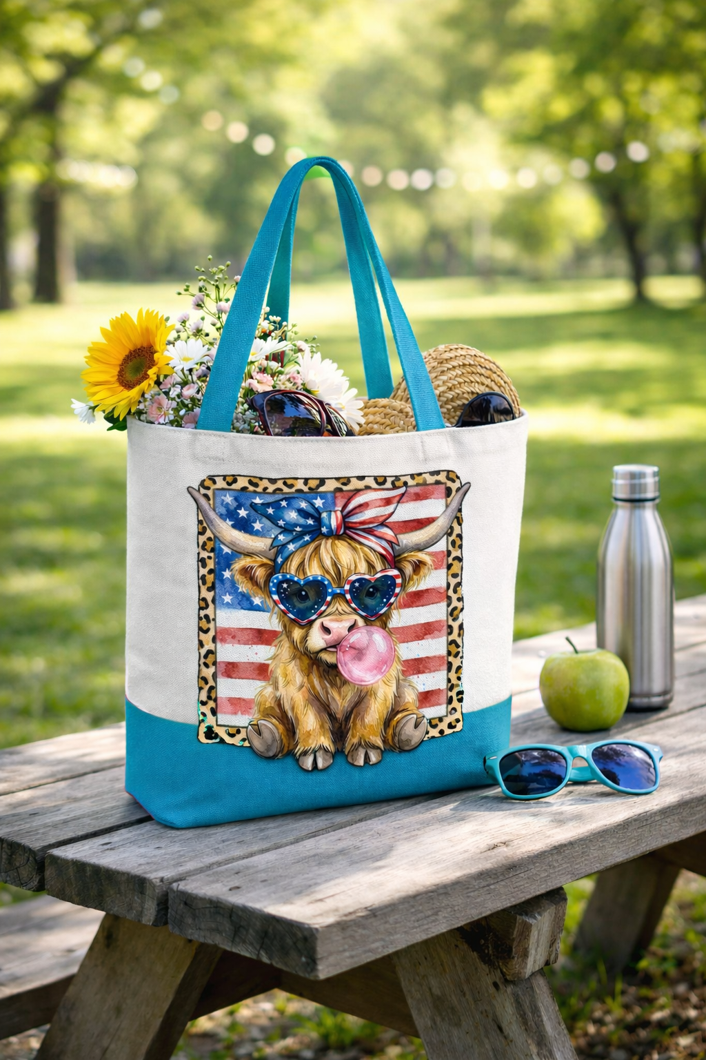 Patriotic Highland Cow Canvas Tote Bag, 15x13 100% Cotton Tote, Western USA Farmhouse Market Bag