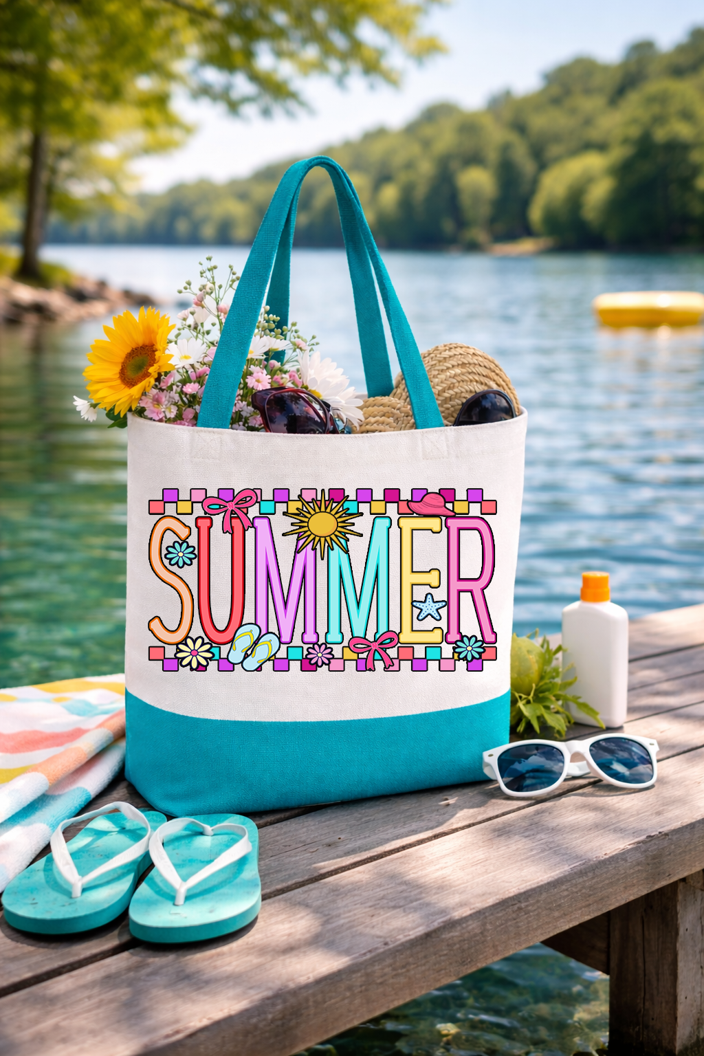 Summer Coquette Box Tote Bag | Preppy Canvas Beach Tote with Straps | Printed on Both Sides