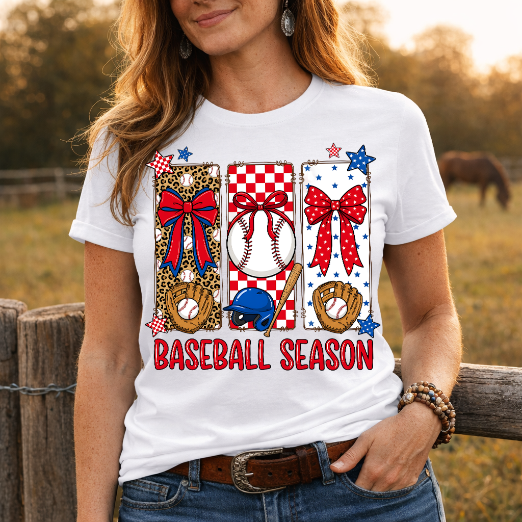 Baseball Season Patriotic Bow Graphic Tee | Red White Blue Baseball Shirt | Cute Game Day Lifestyle Tee