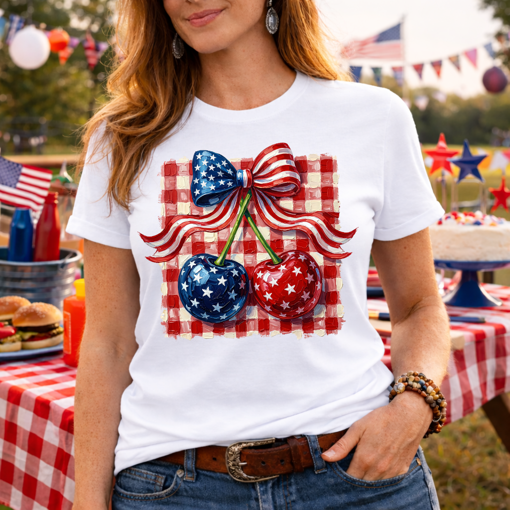 Patriotic Cherry Coquette PNG | 4th of July Bow and Cherries Design | Americana DTF Transfer | Red White Blue Summer Lifestyle Tee Graphic