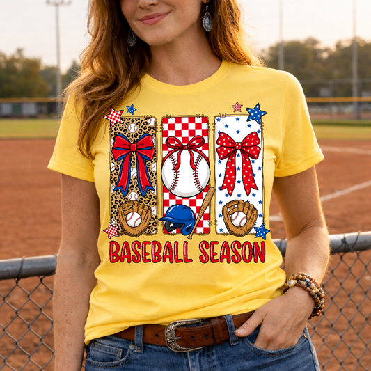 Baseball Season Patriotic Bow Graphic Tee | Red White Blue Baseball Shirt | Cute Game Day Lifestyle Tee