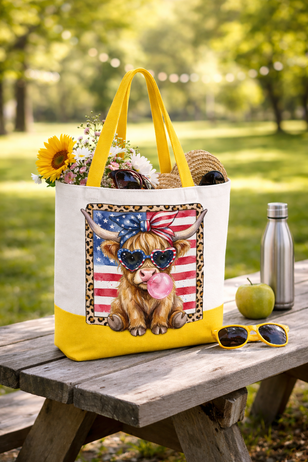 Patriotic Highland Cow Canvas Tote Bag, 15x13 100% Cotton Tote, Western USA Farmhouse Market Bag