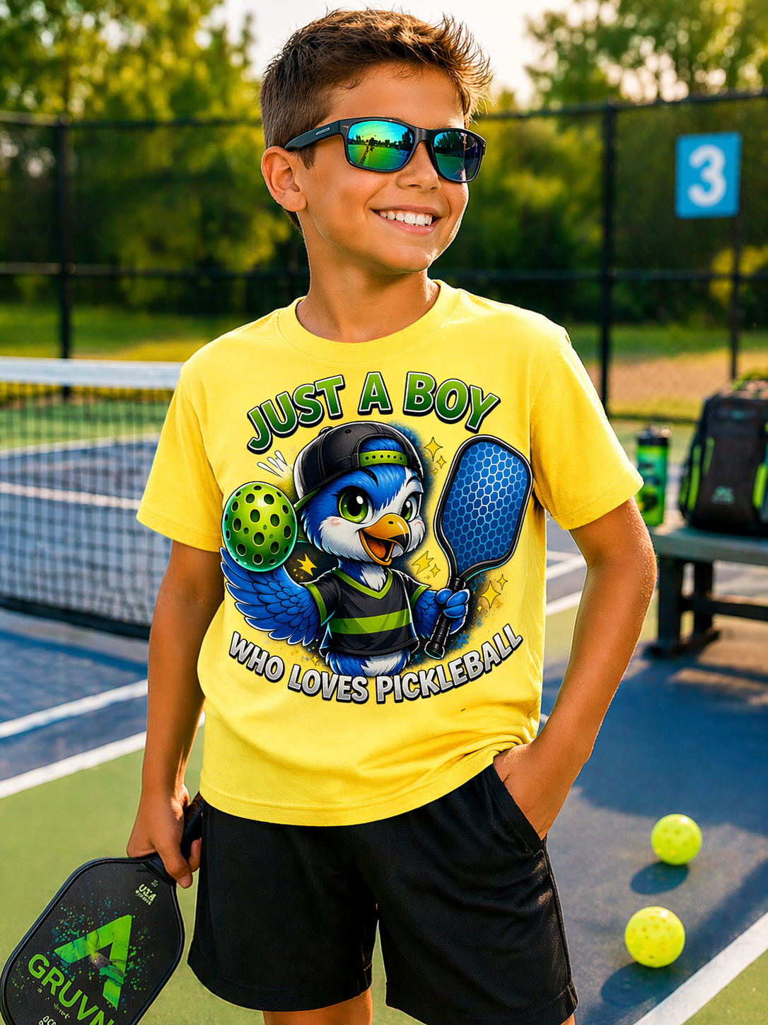 Just a Boy Who Loves Pickleball Youth Shirt, Blue and White Eagle Pickleball Tee, Boys Pickleball Graphic Shirt