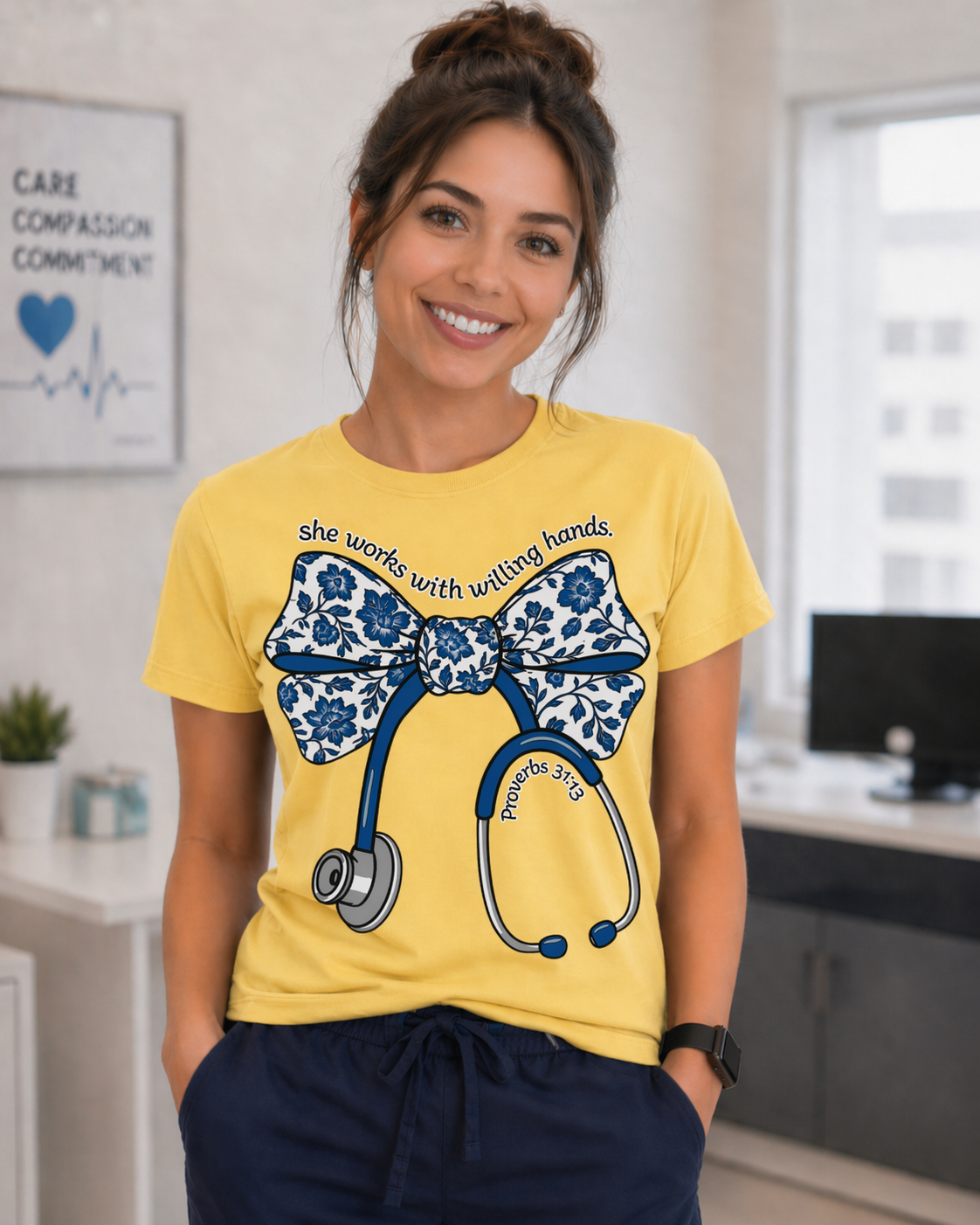 She Works With Willing Hands, Cute Nurse Graphic Tee, Nurse Appreciation Gift, DTF Printed (Copy)