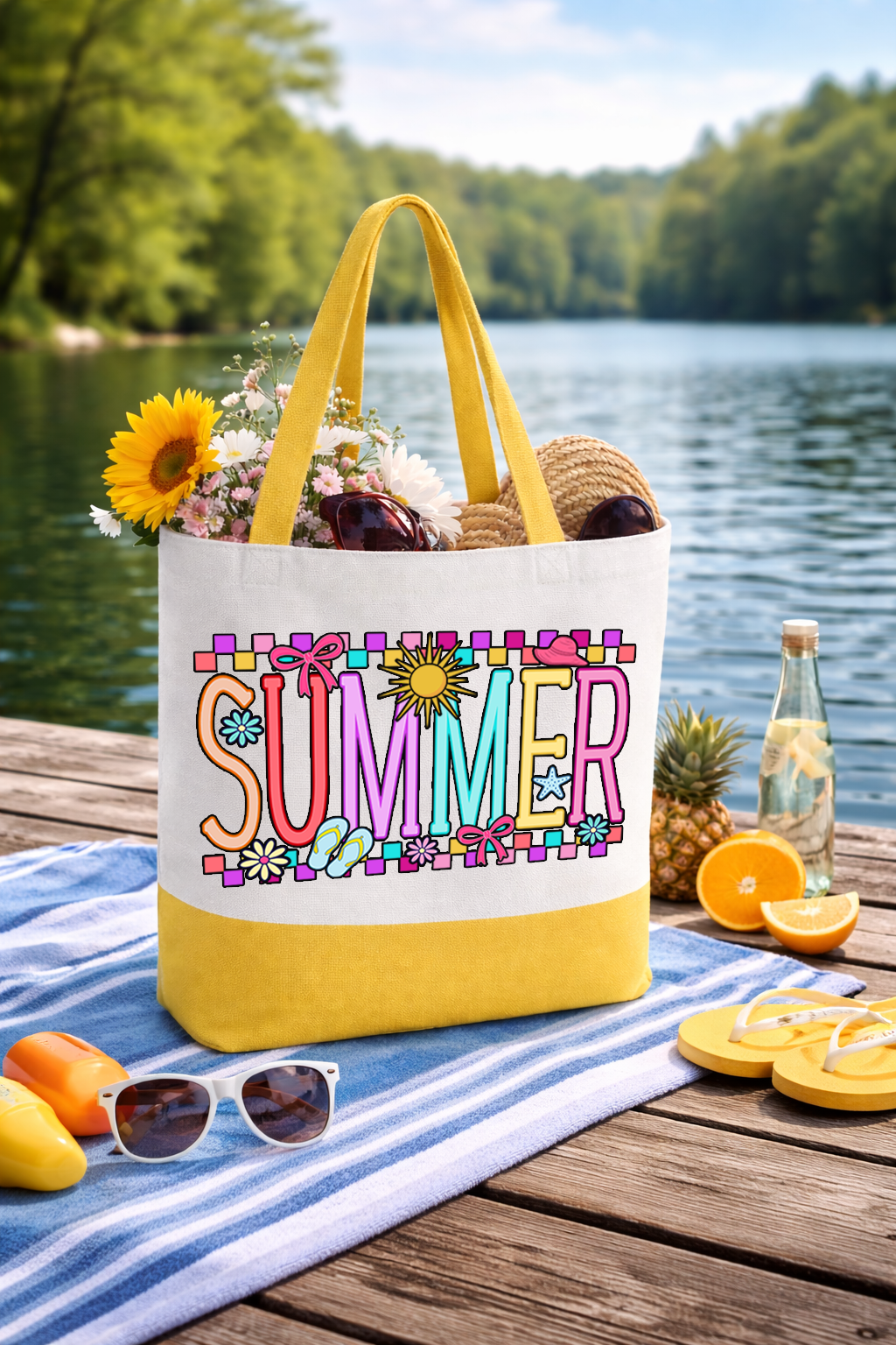 Summer Coquette Box Tote Bag | Preppy Canvas Beach Tote with Straps | Printed on Both Sides
