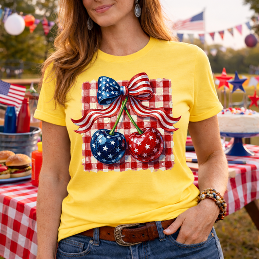 Patriotic Cherry Coquette PNG | 4th of July Bow and Cherries Design | Americana DTF Transfer | Red White Blue Summer Lifestyle Tee Graphic