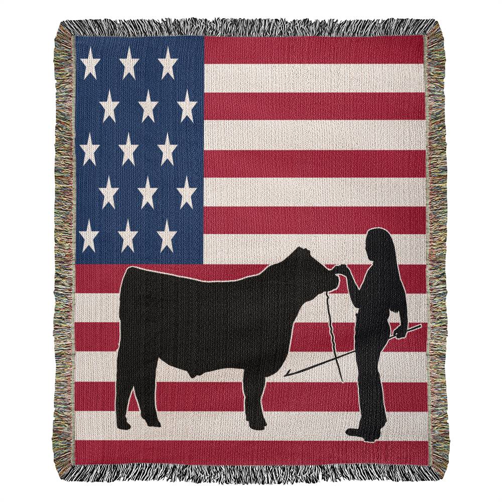 Girl Showing Steer USA Flag Heirloom Woven Blankets | Cows | 100% Cotton Yarn