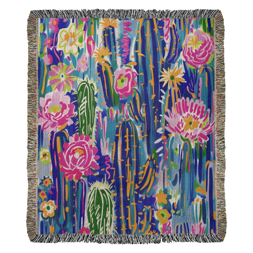 Preppy Blue Cactus Heirloom Woven Blanket | Western Blanket