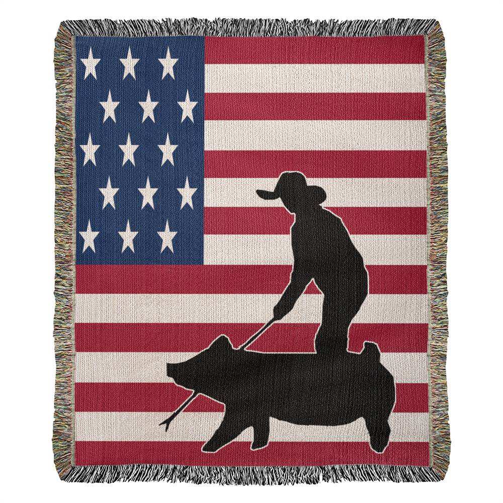 Boy Showing Pig | Livestock Show Pigs USA Flag Heirloom Woven Blankets | Pigs | 100% Cotton Yarn