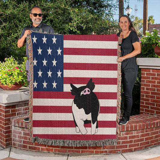 Black, White Market Pig USA Flag Heirloom Woven Blankets | Pigs | 100% Cotton Yarn