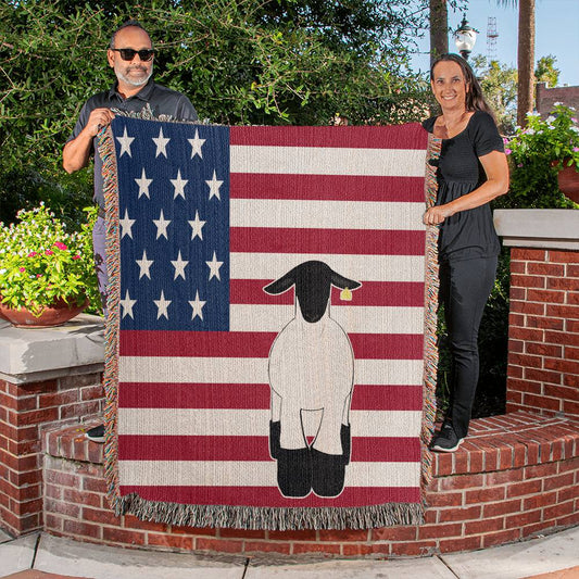 Black, White Market Lamb USA Flag Heirloom Woven Blankets | Lambs | 100% Cotton Yarn