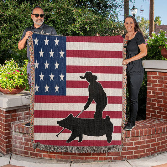 Boy Showing Pig | Livestock Show Pigs USA Flag Heirloom Woven Blankets | Pigs | 100% Cotton Yarn