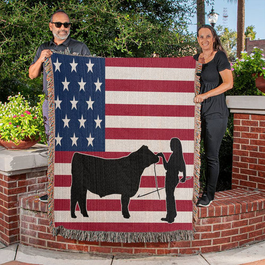 Girl Showing Steer USA Flag Heirloom Woven Blankets | Cows | 100% Cotton Yarn