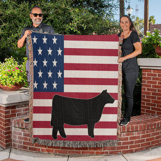 USA Flag Livestock Show Heifer Heirloom Woven Blankets | Cows