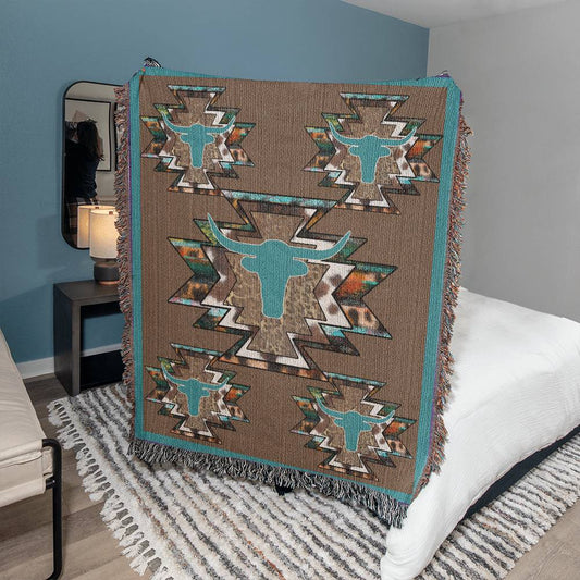 Western Heirloom Woven Blanket Aztec Cowhide Skull Throw: Rustic Elegance Meets Heritage