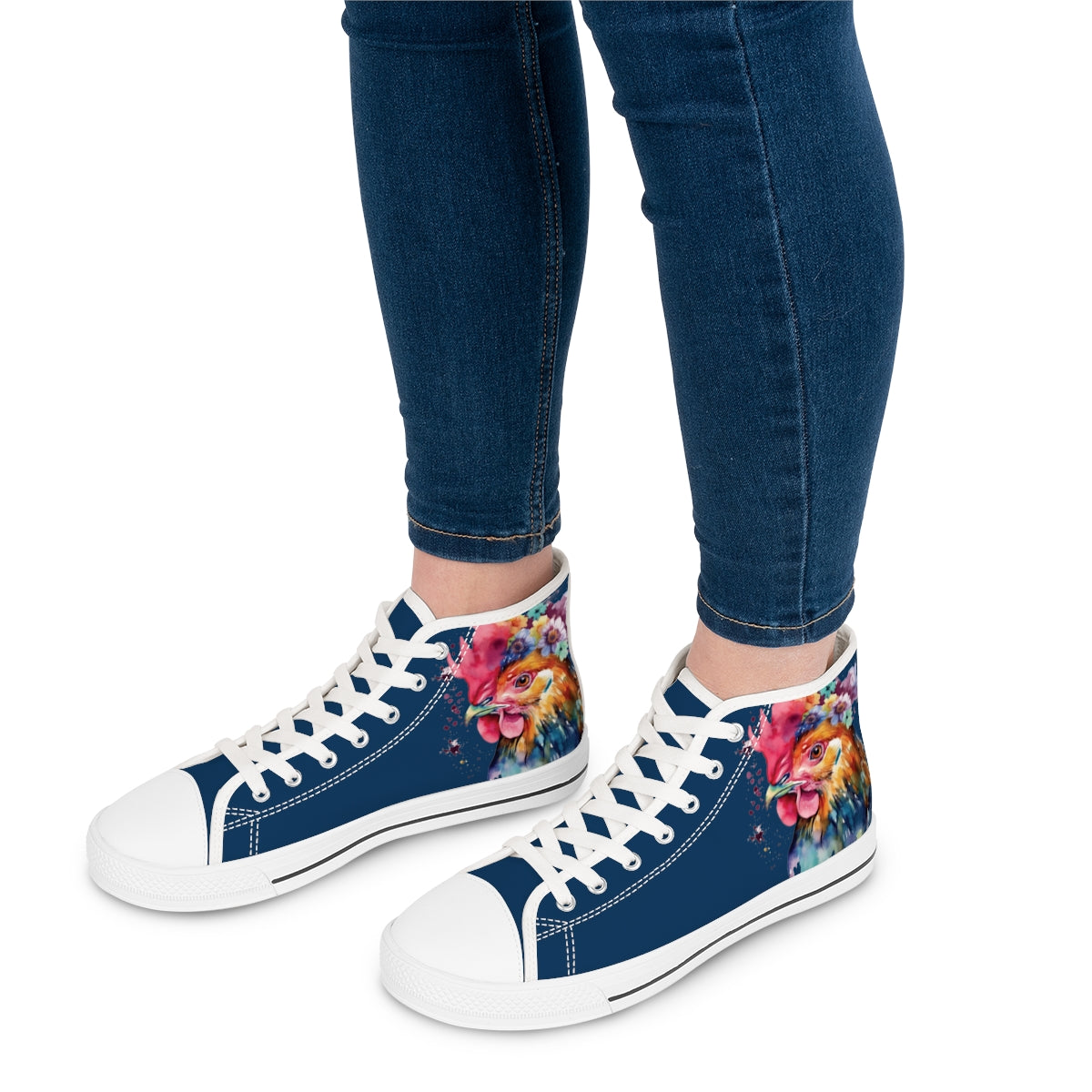 Watercolor Chicken with Flowers Ladies High-Top Sneakers, Livestock Show Poultry Shoes, Chicken Lovers Sneakers