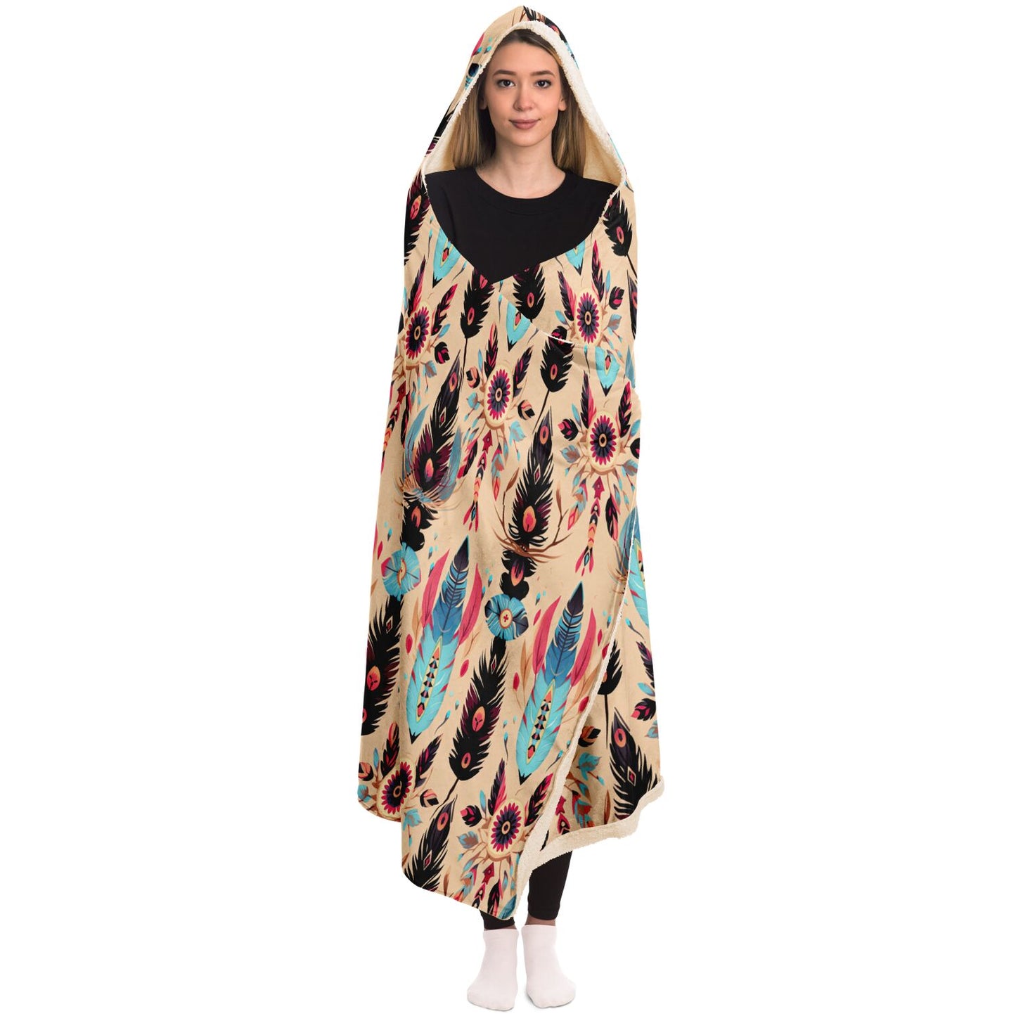 Native Indian Headdress Feathers Design Hooded Blanket - All Over Print - Boho Feathers