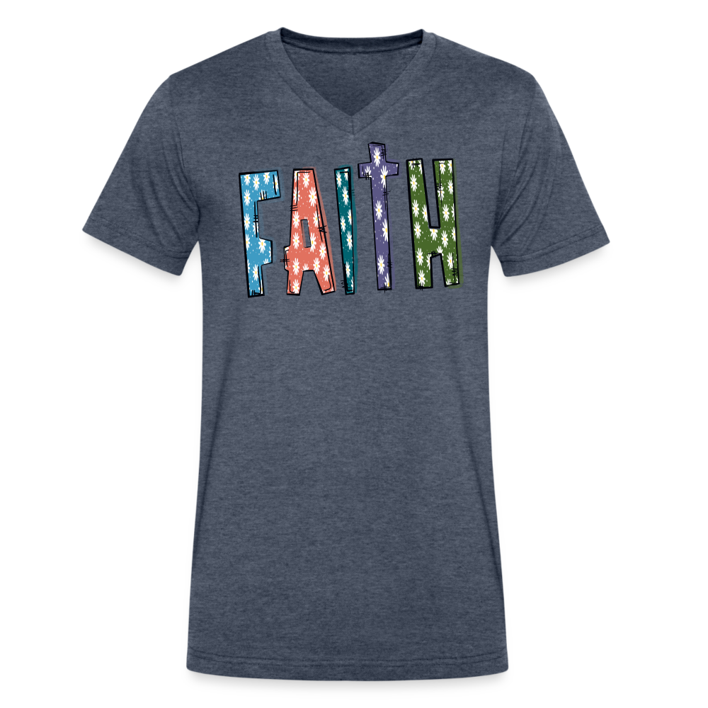 Faith V-Neck T-Shirt - Bella Canvas Soft Lightweight Shirt - heather navy