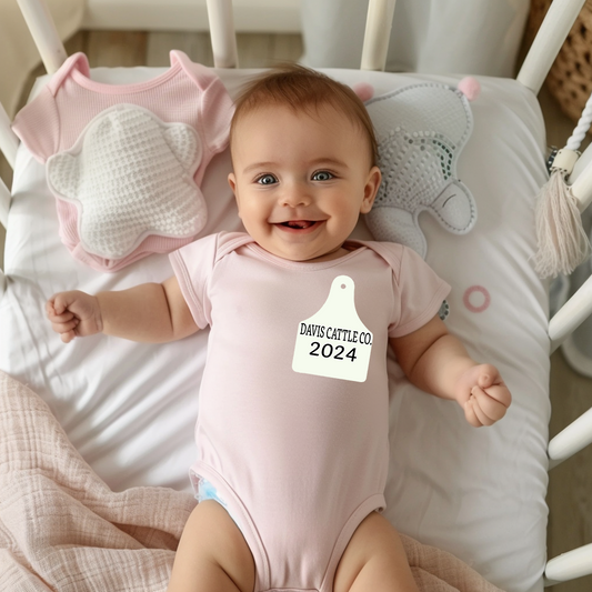 Customized Name and Date Cattle Ear Tag Baby Onesies