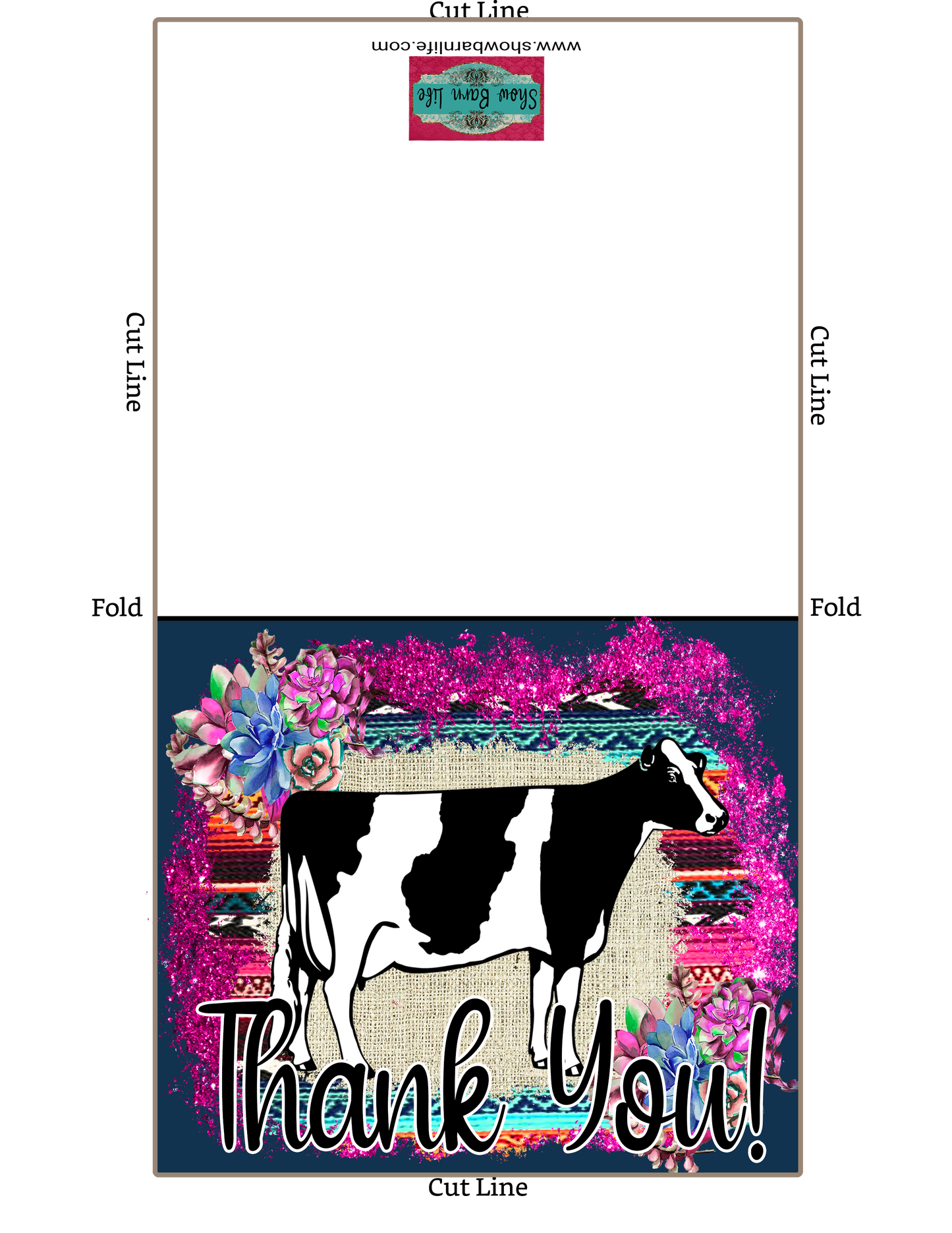 Tarjeta imprimible de agradecimiento de vaca lechera Holstein Show de ganado - Plantilla de sobre de 5 x 7" - Suculentas de sarape de color verde azulado oscuro - Tarjetas digitales de vaca