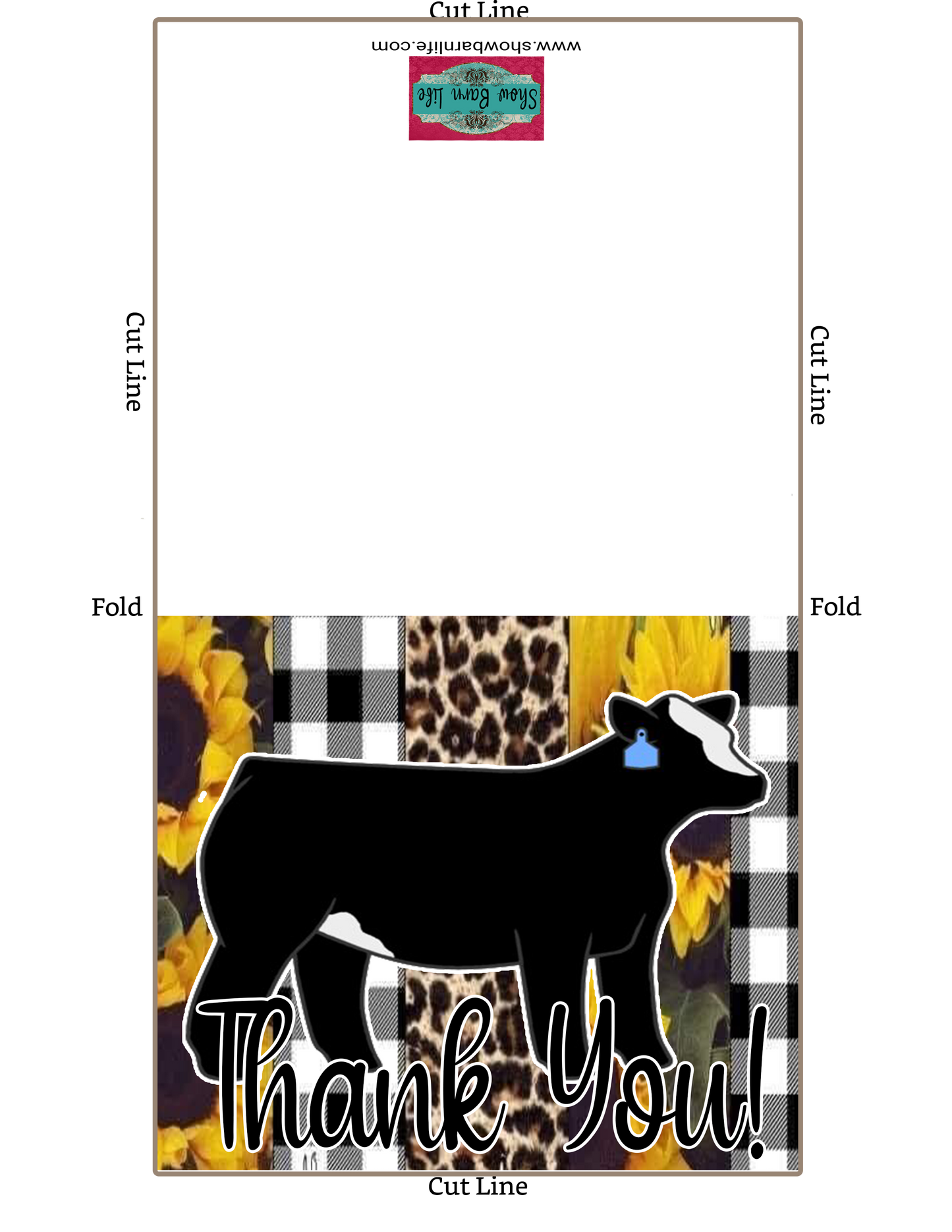 Sunflower Black White Cheetah Livestock Show Heifer Thank You Printable Card - 5 x 7" Envelope Template - Cow Digital Cards