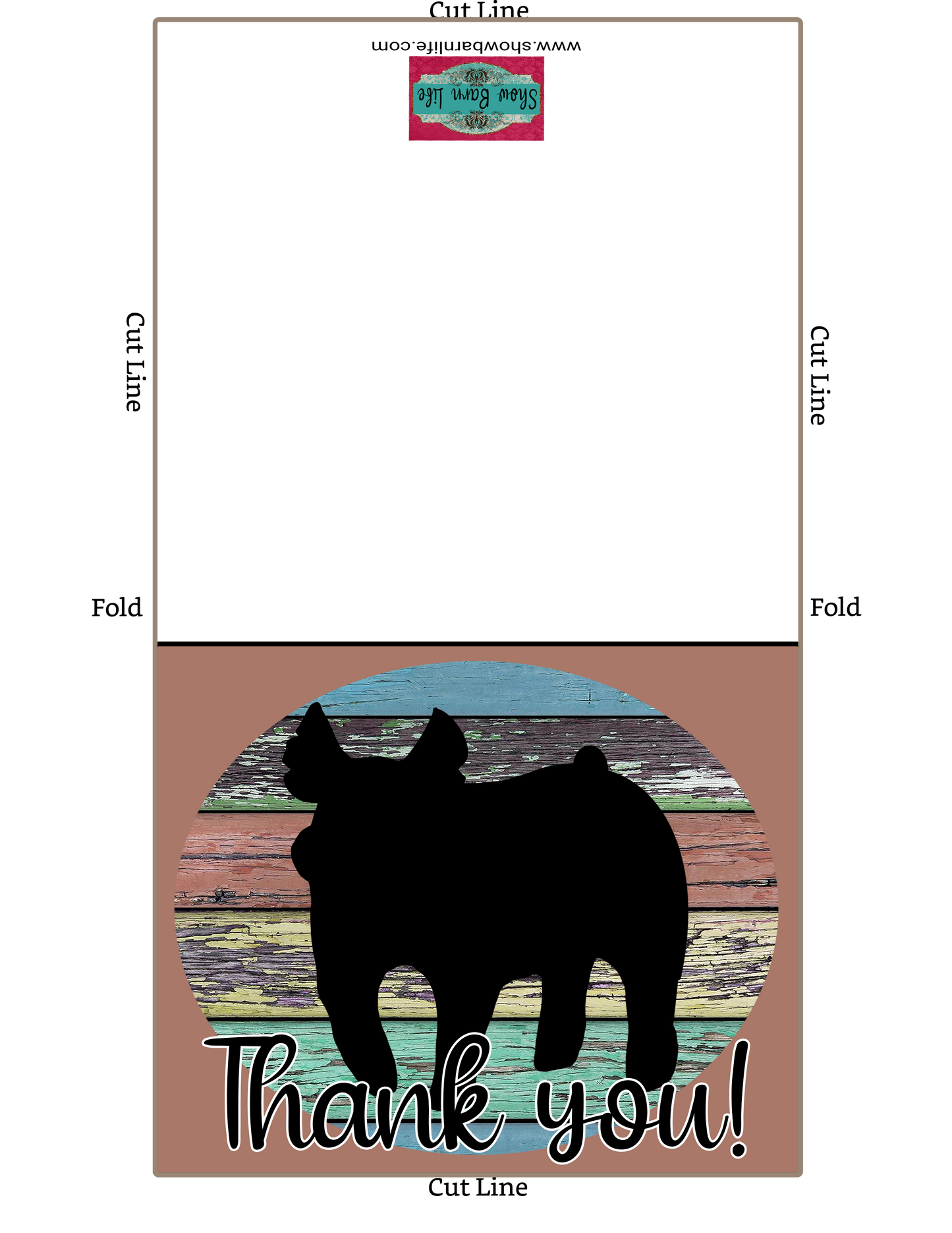 Tarjeta imprimible de agradecimiento de ganado Show Pig - Plantilla de sobre de 5 x 7" - Fondo de madera marrón - Tarjetas digitales de cerdo