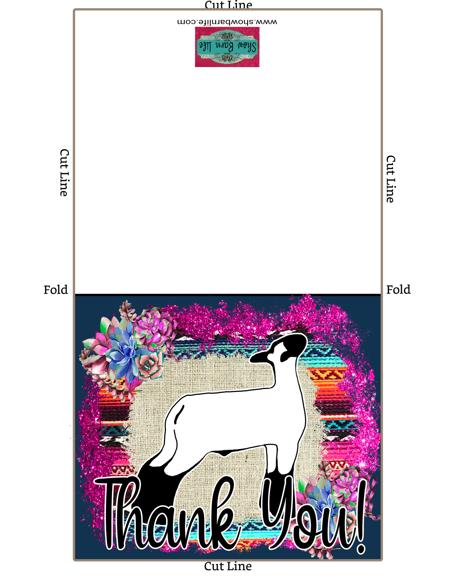 Tarjeta imprimible de agradecimiento de oveja de cordero de espectáculo de ganado - Plantilla de sobre de 5 x 7" - Suculentas de sarape de color verde azulado oscuro - Tarjetas digitales de cordero