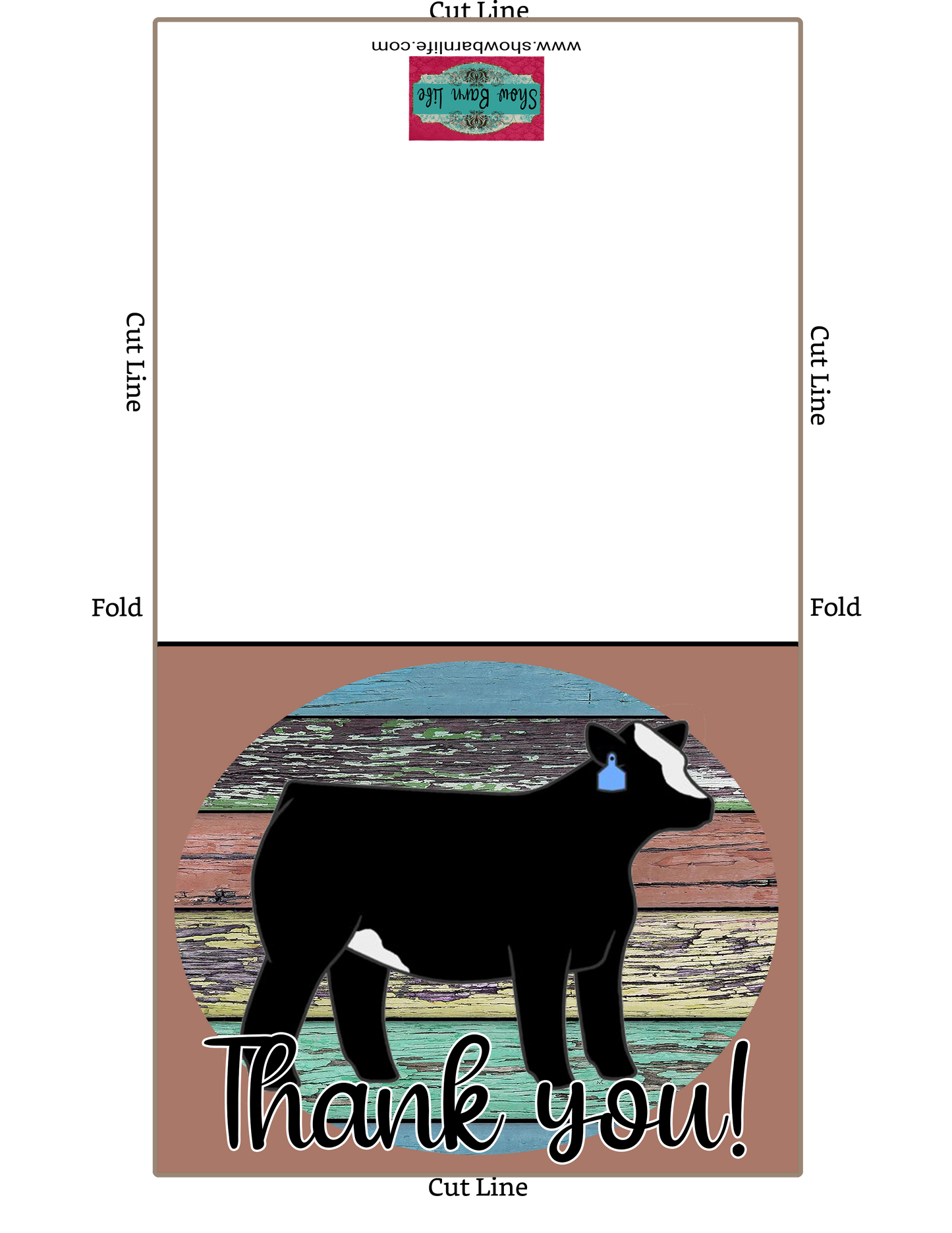 Tarjeta imprimible de agradecimiento de vaquilla de espectáculo de ganado - Plantilla de sobre de 5 x 7" - Fondo de madera marrón - Tarjetas digitales de vaca