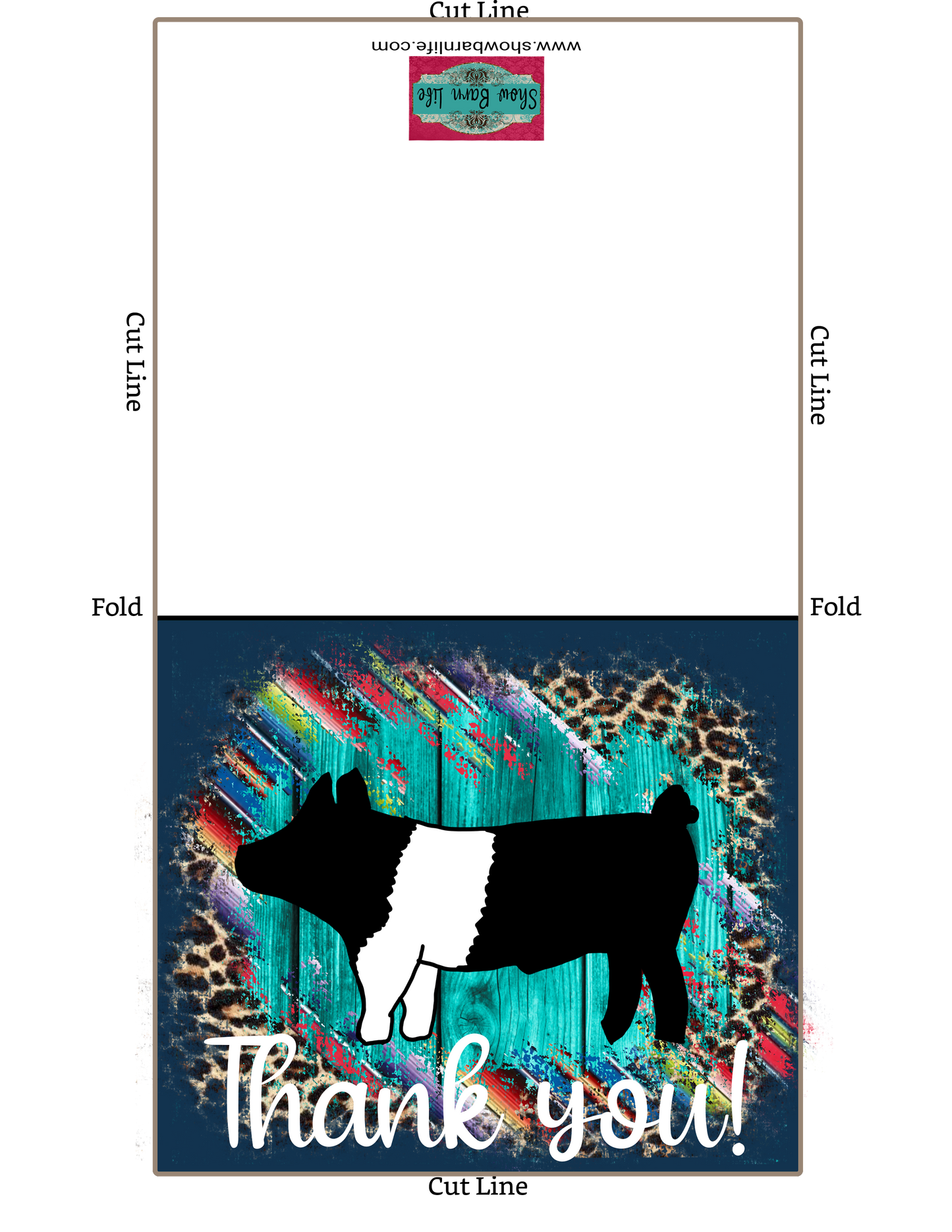 Tarjeta de agradecimiento de espectáculo de ganado - Mostrar cerdo - Plantilla de sobre de 5 x 7" - Guepardo sarape de madera verde azulado - Tarjetas digitales de cerdo