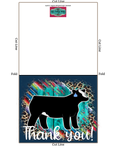 Tarjeta de agradecimiento de espectáculo de ganado - Mostrar novilla - Plantilla de sobre de 5 x 7" - Guepardo sarape de madera verde azulado - Tarjetas digitales de vaca