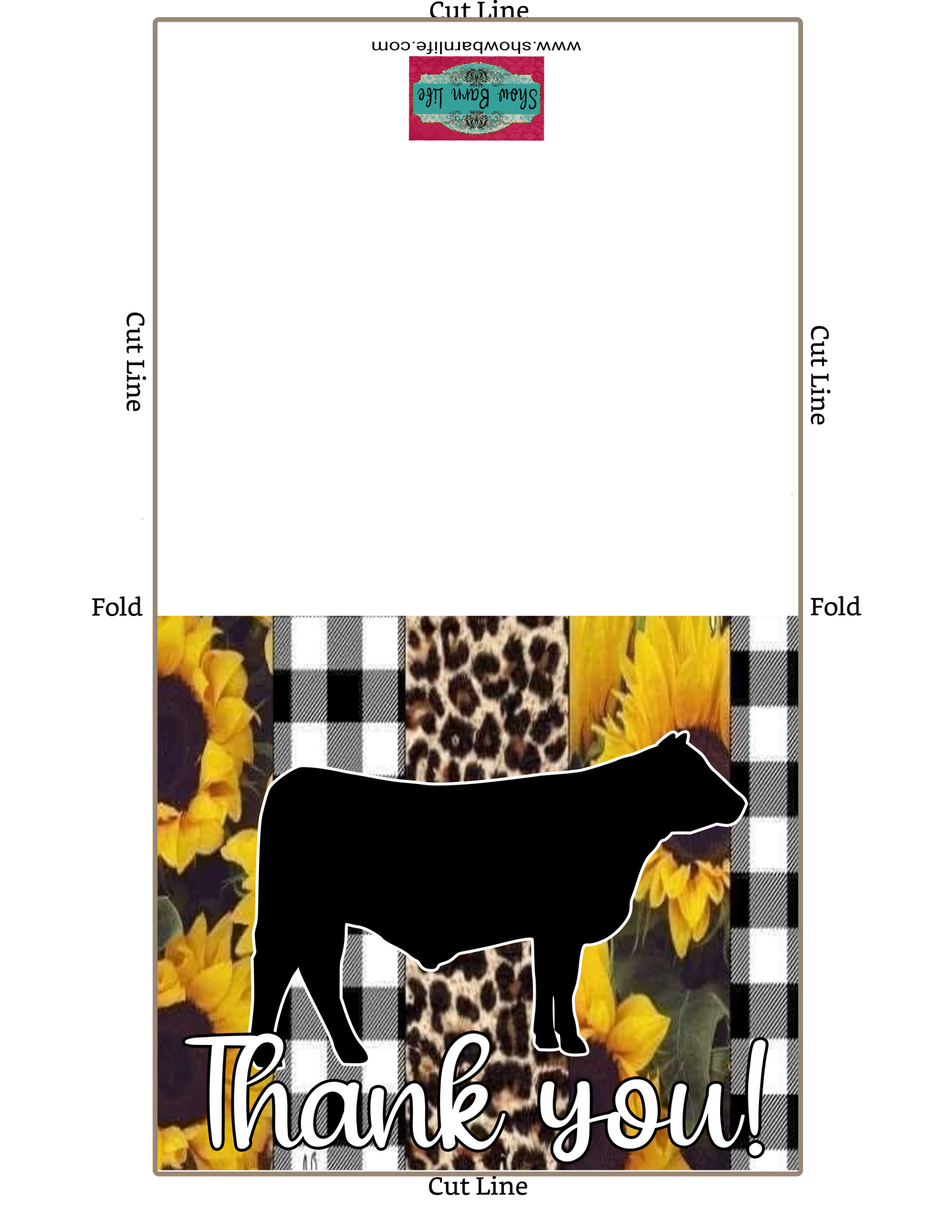 Girasol negro blanco guepardo ganado show Steer gracias tarjeta imprimible - plantilla de sobre de 5 x 7" - tarjetas digitales de vaca
