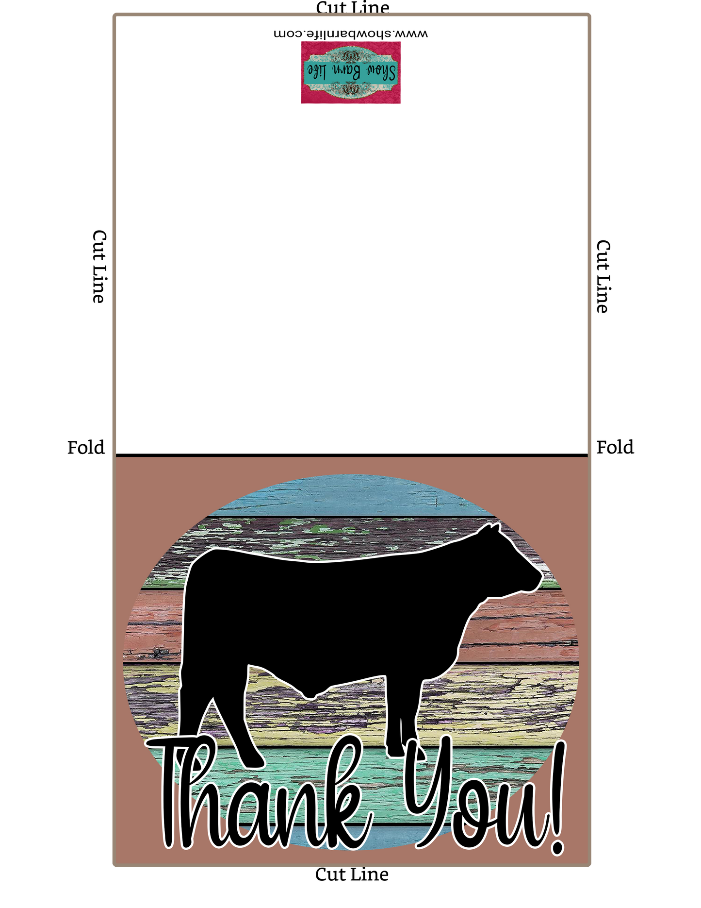 Livestock Show Steer Thank You Printable Card - 5 x 7" Envelope Template - Brown Wood Background - Cow Digital Cards