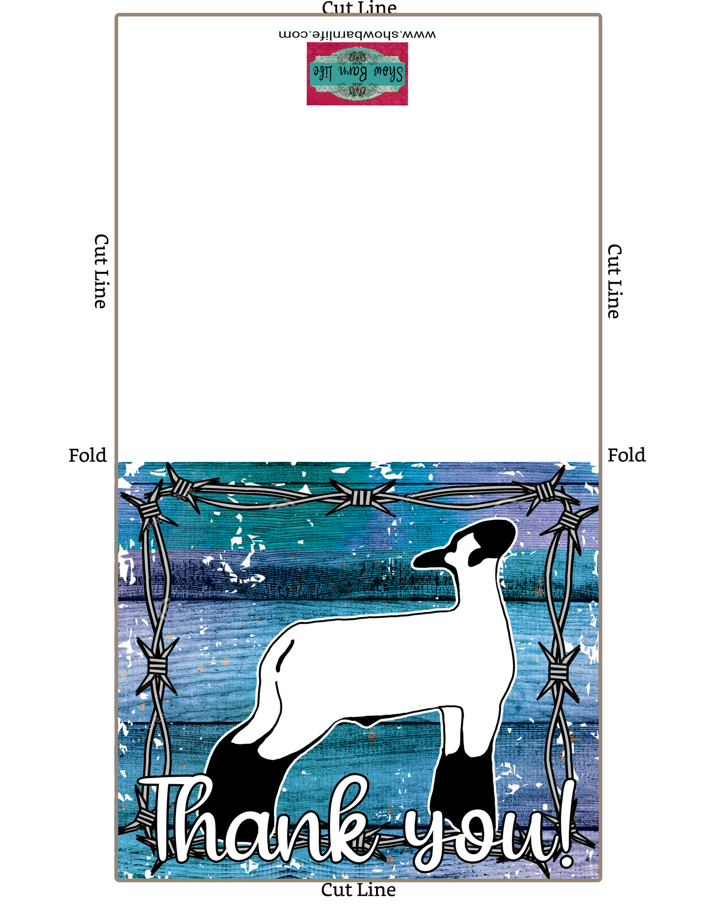 Descarga digital - Livestock Show Lamb Sheep - Tarjeta de agradecimiento de 5"x7" - Fondo de alambre de púas de madera púrpura azul - Tarjetas digitales de cordero