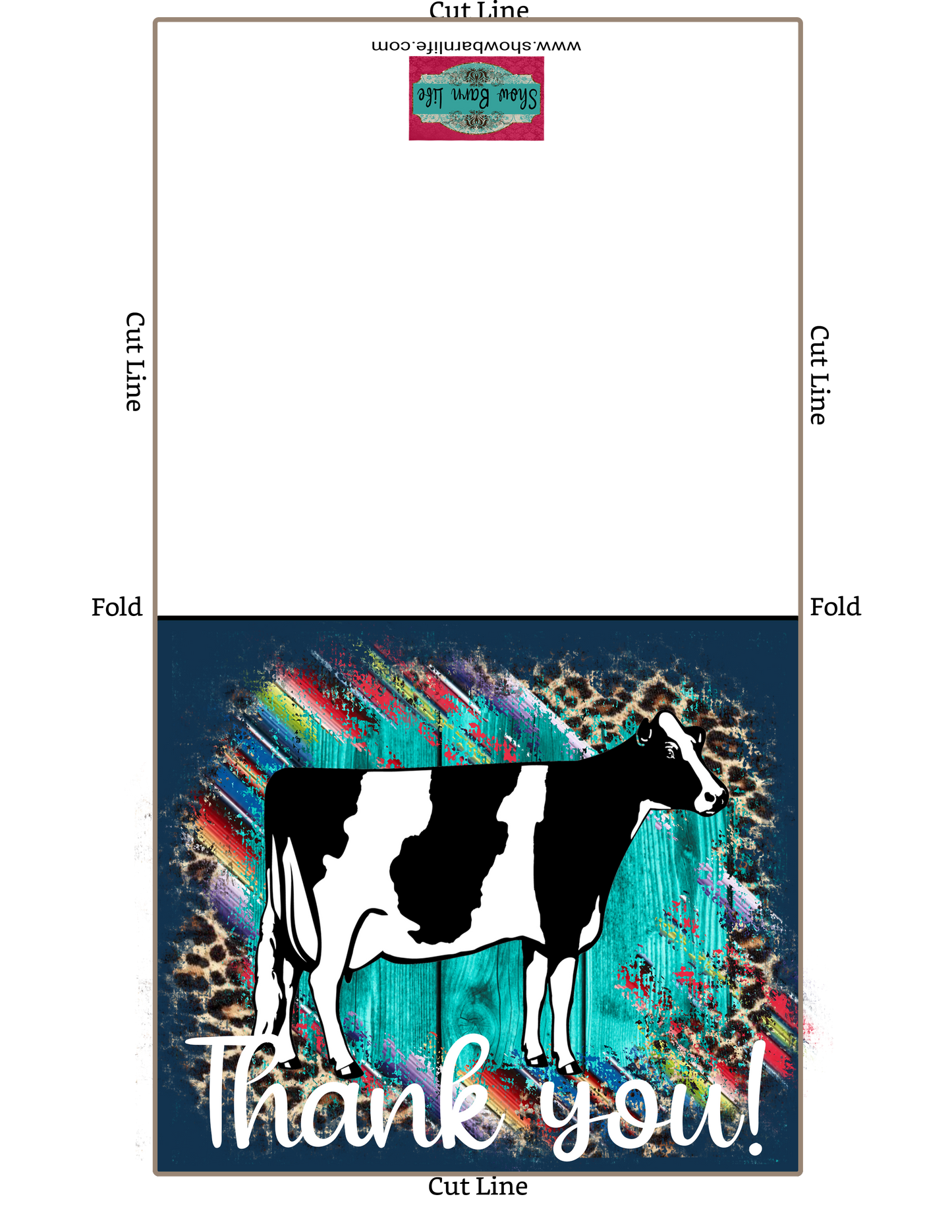 Tarjeta de agradecimiento de vaca lechera Holstein Show de ganado - Plantilla de sobre de 5" x 7" - Guepardo serape de madera verde azulado - Tarjetas digitales de vaca