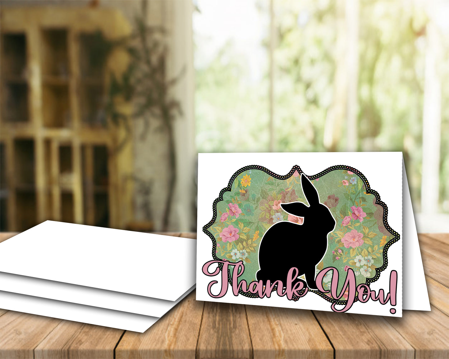 Tarjeta imprimible de agradecimiento de conejo de espectáculo de ganado - Plantilla de sobre de 5 x 7" - Floral de oro rosa - Tarjetas digitales de conejo