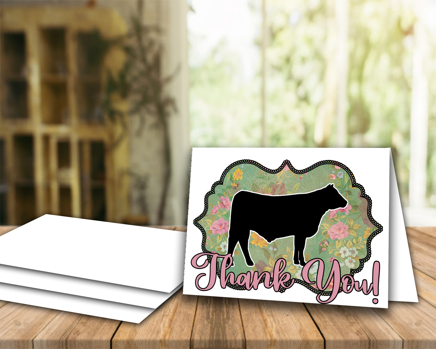 Livestock Show Steer Thank You Printable Card - 4x6-inch Envelope Template - Pink Gold Floral - Cow Digital Cards